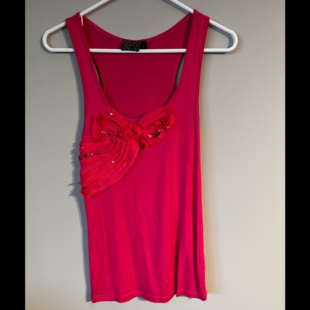 Hot pink tank top.Racer back. Sheer bow with sequins in between ribbon. EUC.